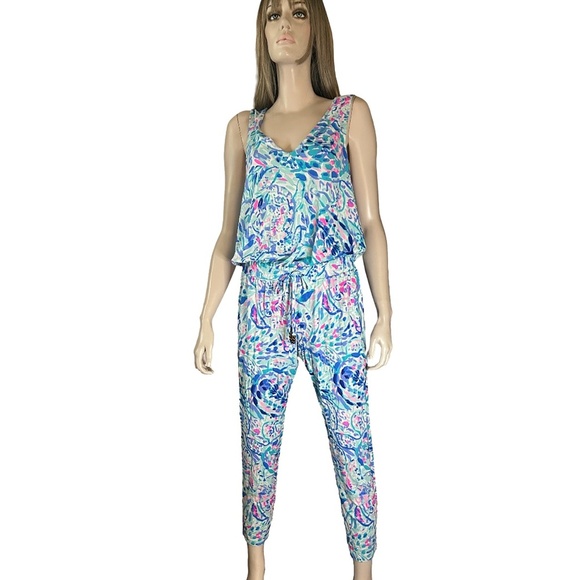 Lilly Pulitzer Rayon Jumpsuit Paulina Breakwater Party Wave Print Racer Back - Picture 6 of 14